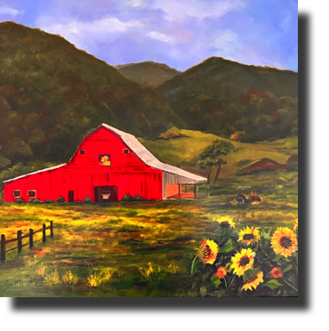 Jan Wilson Smith  Sunflower Barn  Oil on Canvas  32h  x 35w in, Framed  $850
